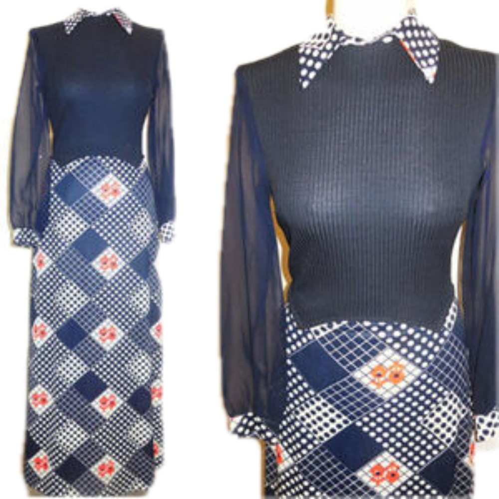 VINTAGE 60s 70s BLUE NAVY FLORAL ABSTRACT SLEEVELESS MAXI DRESS 10 12
